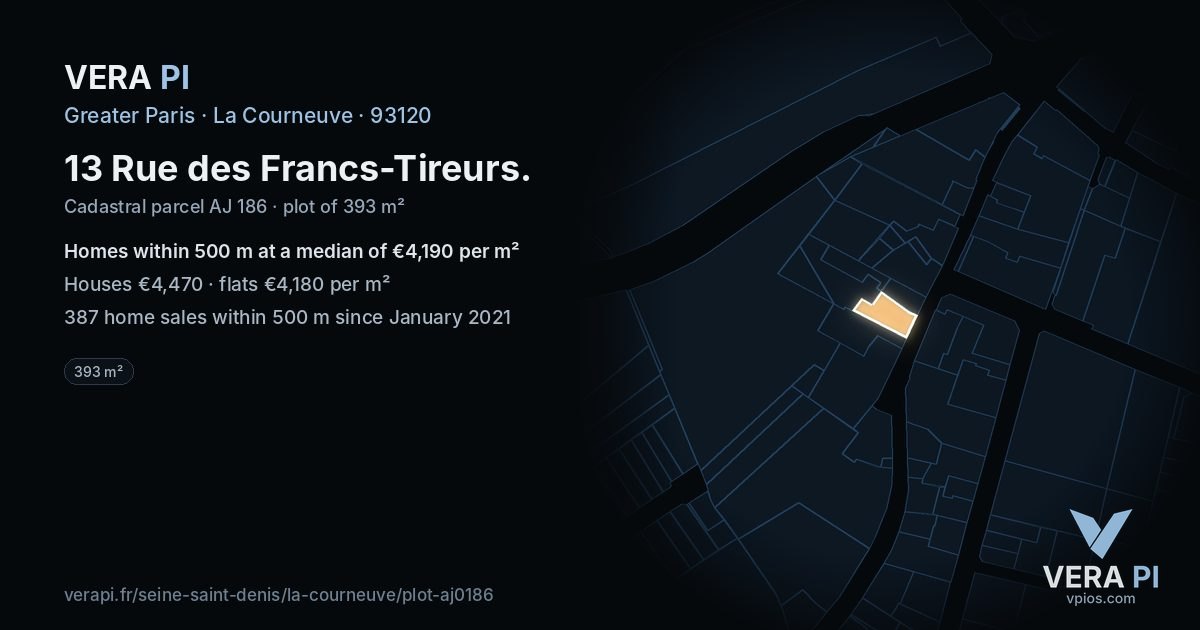 13 Rue des Francs-Tireurs, La Courneuve at night – the plot lit, the parcels around coloured by the prices near them