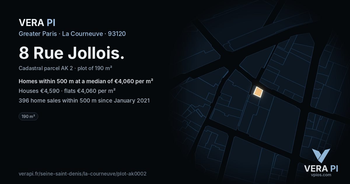 8 Rue Jollois, La Courneuve at night – the plot lit, the parcels around coloured by the prices near them