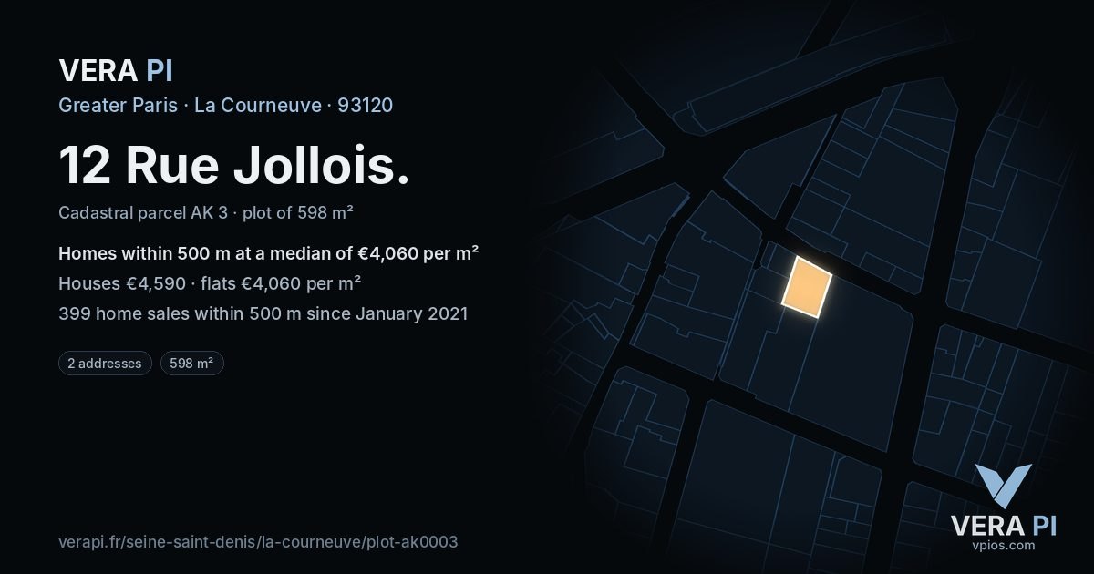 12 Rue Jollois, La Courneuve at night – the plot lit, the parcels around coloured by the prices near them
