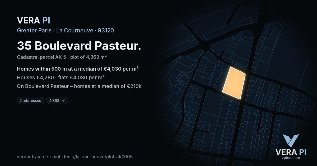 35 Boulevard Pasteur, La Courneuve at night – the plot lit, the parcels around coloured by the prices near them