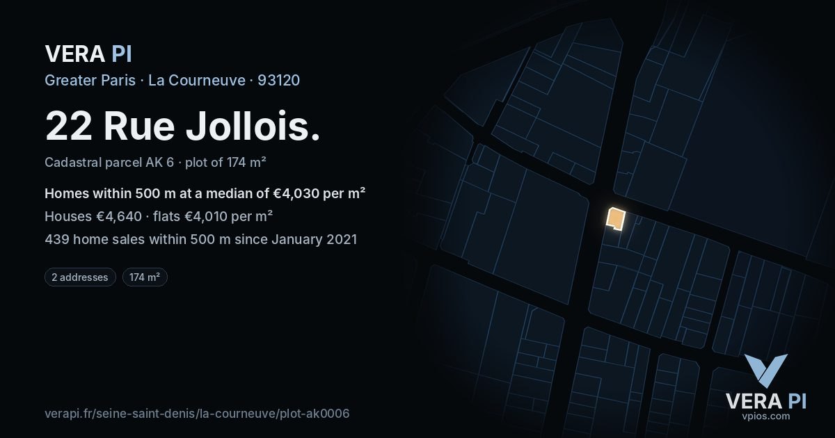 22 Rue Jollois, La Courneuve at night – the plot lit, the parcels around coloured by the prices near them