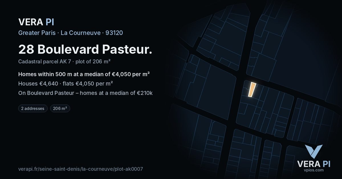 28 Boulevard Pasteur, La Courneuve at night – the plot lit, the parcels around coloured by the prices near them