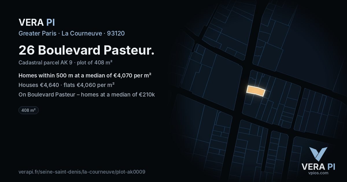 26 Boulevard Pasteur, La Courneuve at night – the plot lit, the parcels around coloured by the prices near them