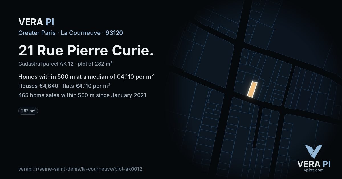 21 Rue Pierre Curie, La Courneuve at night – the plot lit, the parcels around coloured by the prices near them