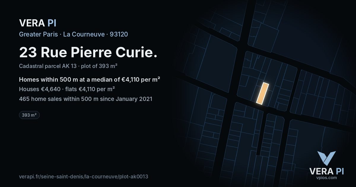 23 Rue Pierre Curie, La Courneuve at night – the plot lit, the parcels around coloured by the prices near them