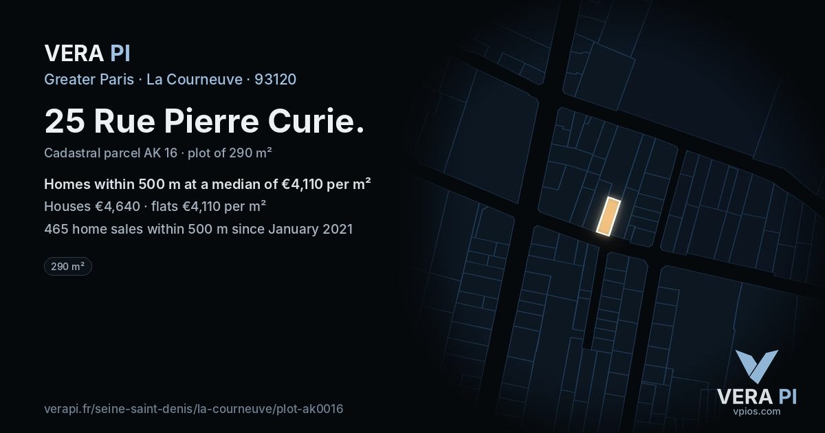 25 Rue Pierre Curie, La Courneuve at night – the plot lit, the parcels around coloured by the prices near them
