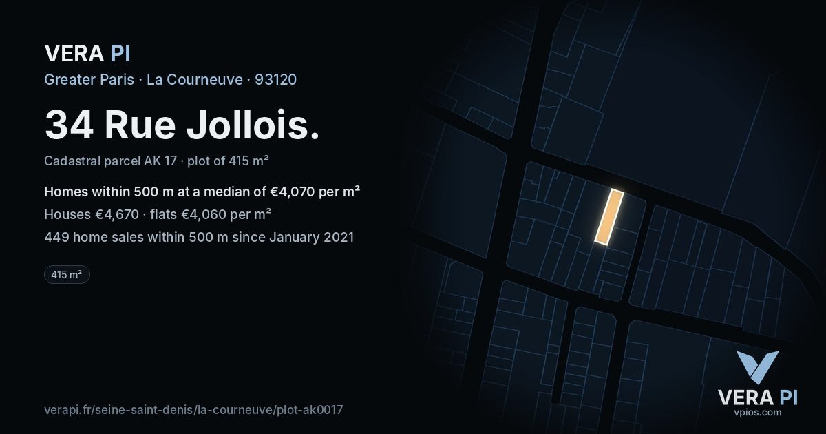 34 Rue Jollois, La Courneuve at night – the plot lit, the parcels around coloured by the prices near them