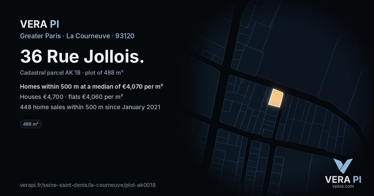 36 Rue Jollois, La Courneuve at night – the plot lit, the parcels around coloured by the prices near them