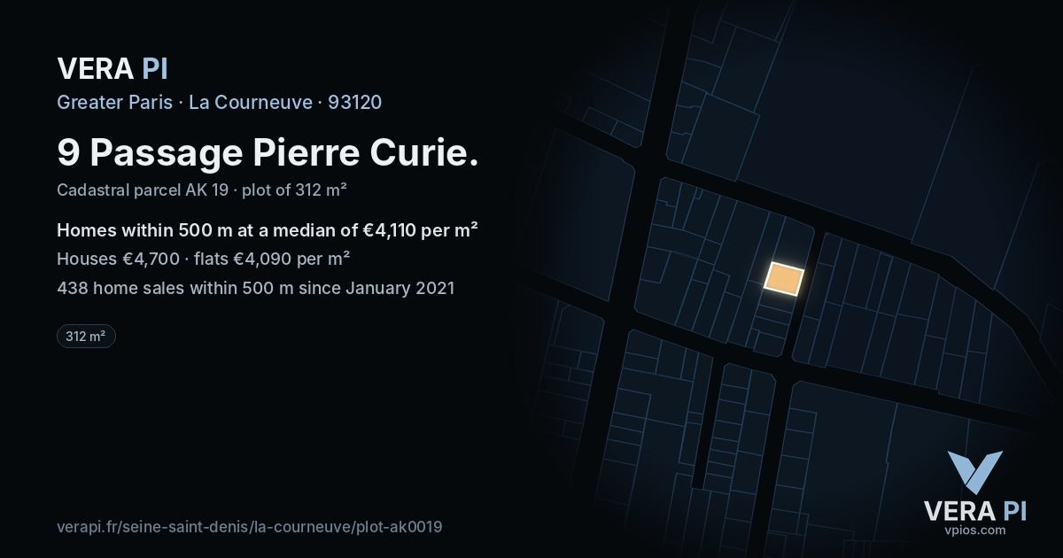 9 Passage Pierre Curie, La Courneuve at night – the plot lit, the parcels around coloured by the prices near them