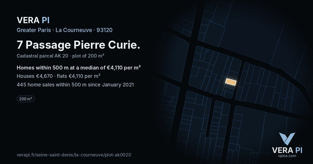 7 Passage Pierre Curie, La Courneuve at night – the plot lit, the parcels around coloured by the prices near them