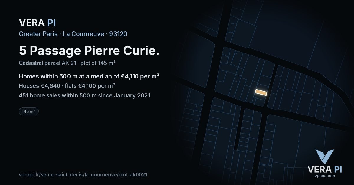 5 Passage Pierre Curie, La Courneuve at night – the plot lit, the parcels around coloured by the prices near them
