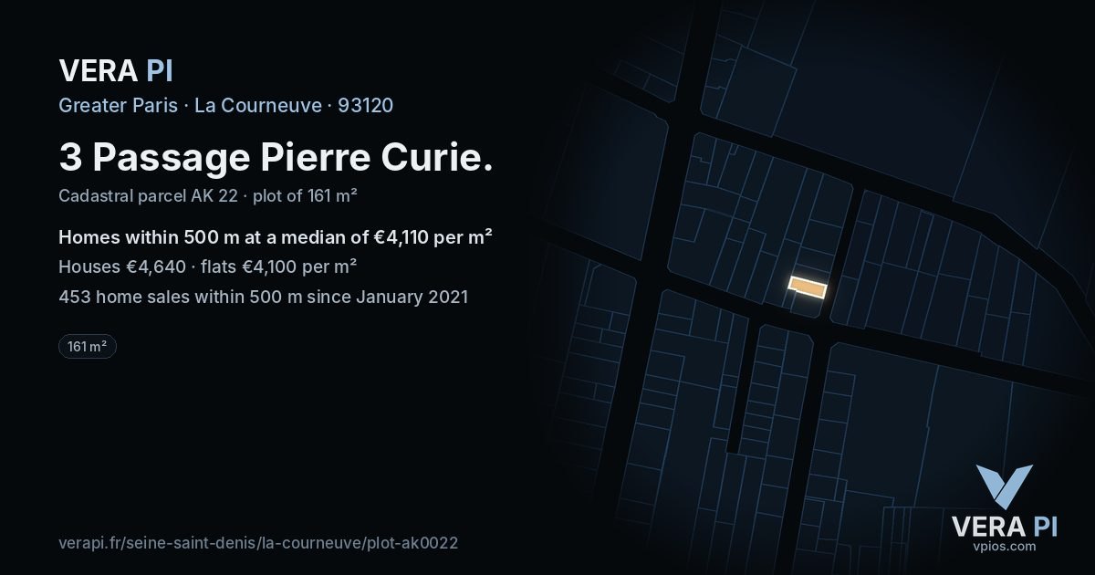 3 Passage Pierre Curie, La Courneuve at night – the plot lit, the parcels around coloured by the prices near them