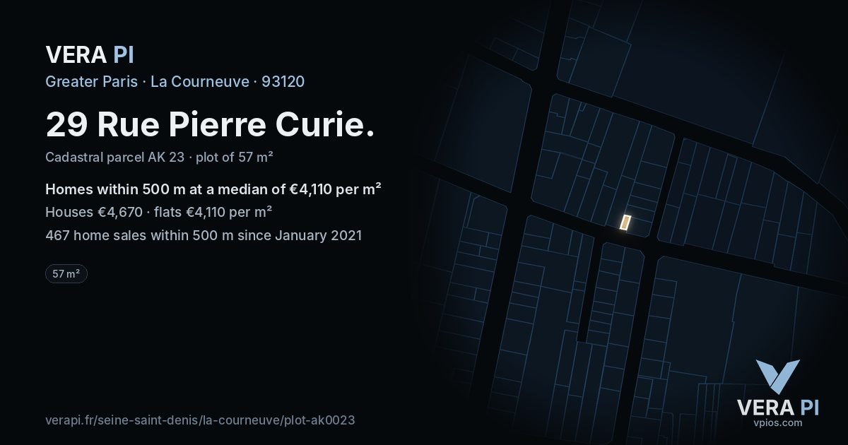 29 Rue Pierre Curie, La Courneuve at night – the plot lit, the parcels around coloured by the prices near them