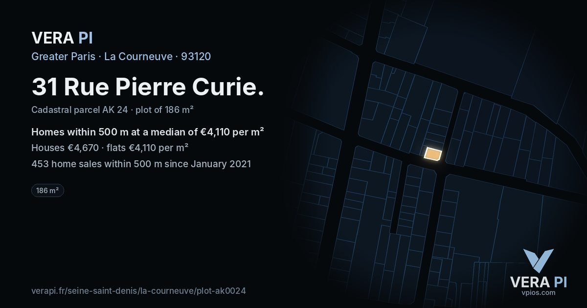 31 Rue Pierre Curie, La Courneuve at night – the plot lit, the parcels around coloured by the prices near them