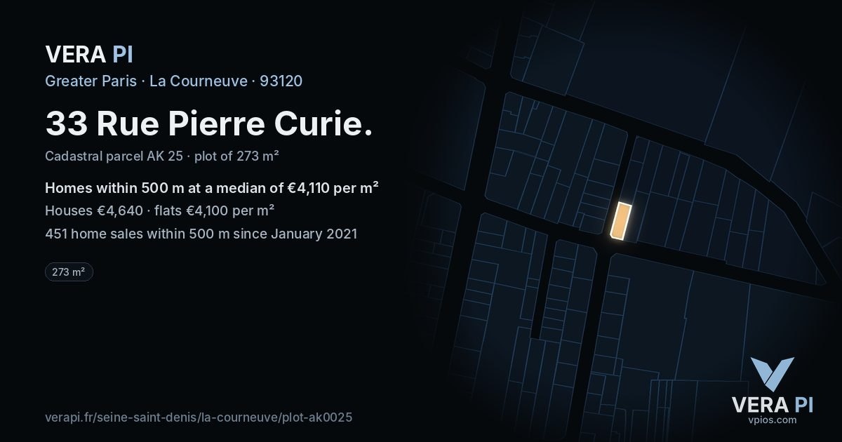 33 Rue Pierre Curie, La Courneuve at night – the plot lit, the parcels around coloured by the prices near them