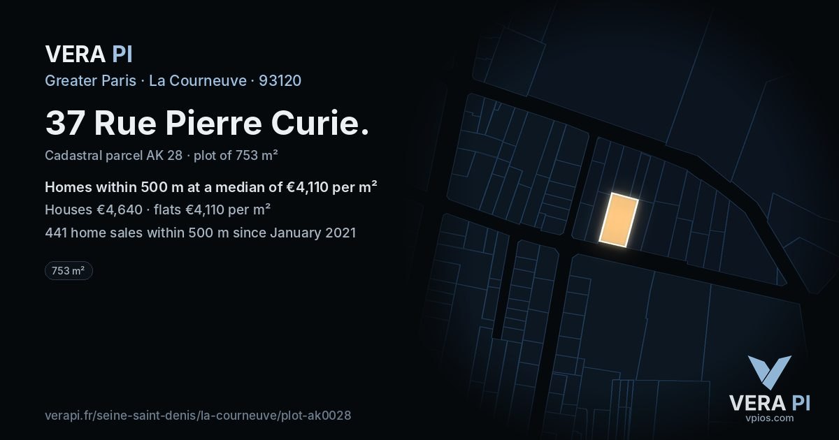 37 Rue Pierre Curie, La Courneuve at night – the plot lit, the parcels around coloured by the prices near them