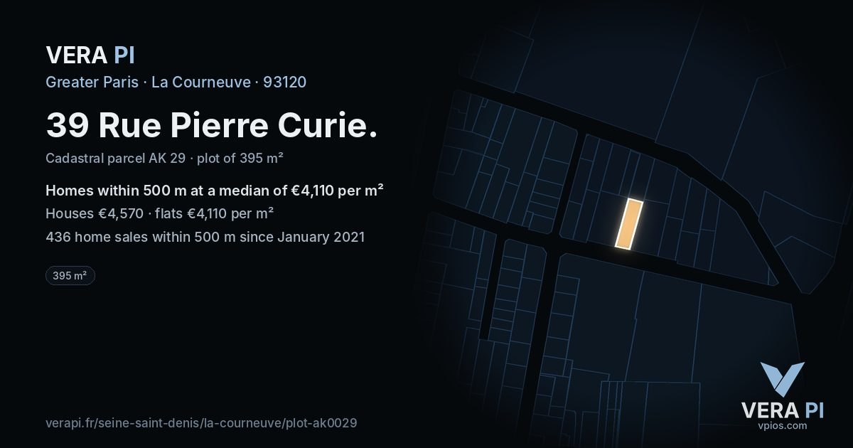 39 Rue Pierre Curie, La Courneuve at night – the plot lit, the parcels around coloured by the prices near them