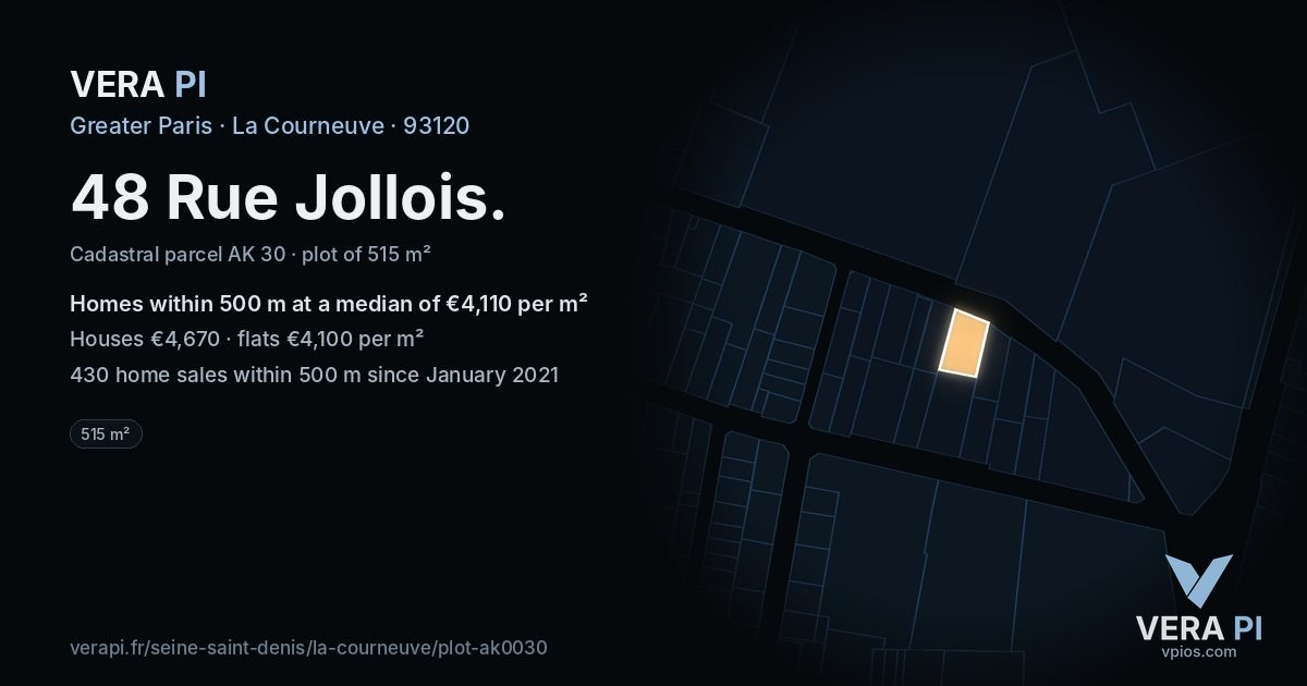 48 Rue Jollois, La Courneuve at night – the plot lit, the parcels around coloured by the prices near them
