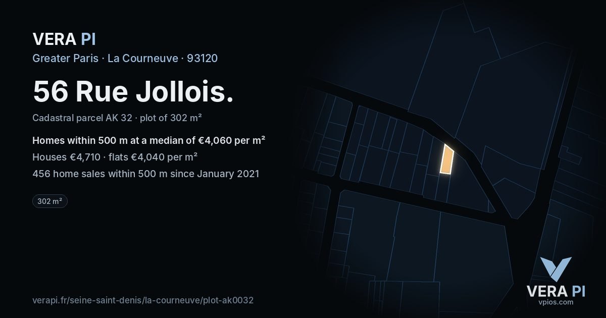 56 Rue Jollois, La Courneuve at night – the plot lit, the parcels around coloured by the prices near them