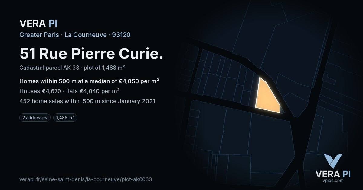 51 Rue Pierre Curie, La Courneuve at night – the plot lit, the parcels around coloured by the prices near them