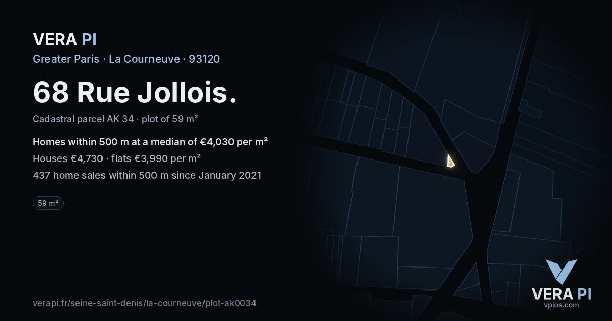 68 Rue Jollois, La Courneuve at night – the plot lit, the parcels around coloured by the prices near them