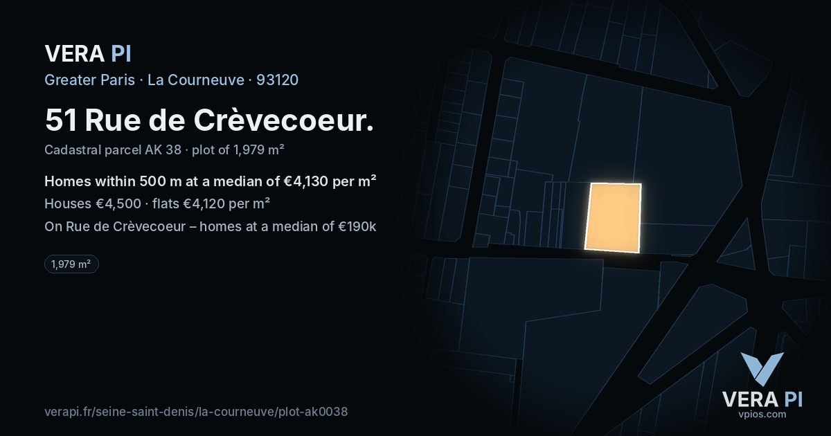 51 Rue de Crèvecoeur, La Courneuve at night – the plot lit, the parcels around coloured by the prices near them