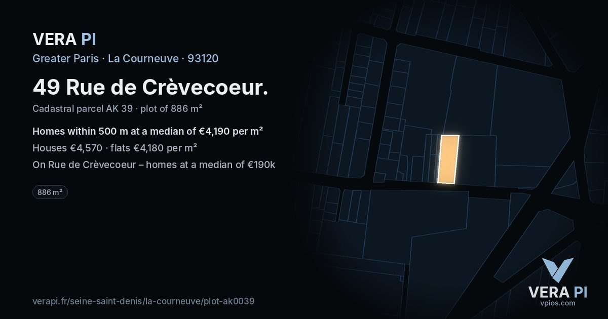 49 Rue de Crèvecoeur, La Courneuve at night – the plot lit, the parcels around coloured by the prices near them