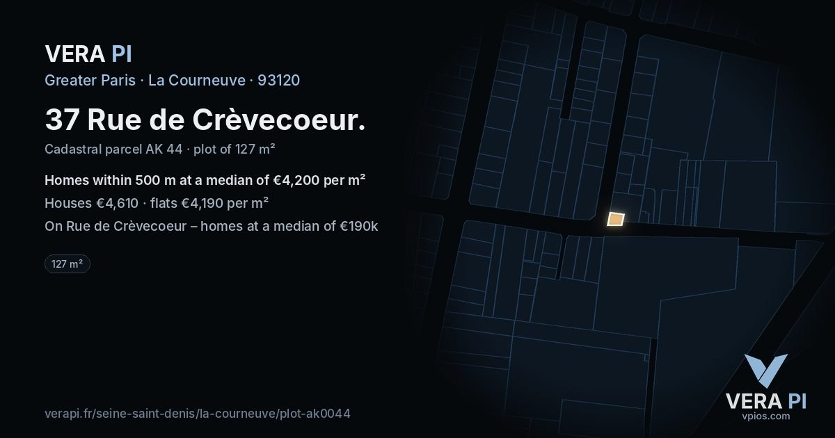 37 Rue de Crèvecoeur, La Courneuve at night – the plot lit, the parcels around coloured by the prices near them
