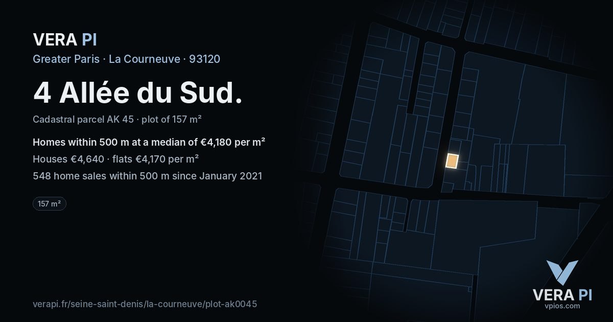 4 Allée du Sud, La Courneuve at night – the plot lit, the parcels around coloured by the prices near them