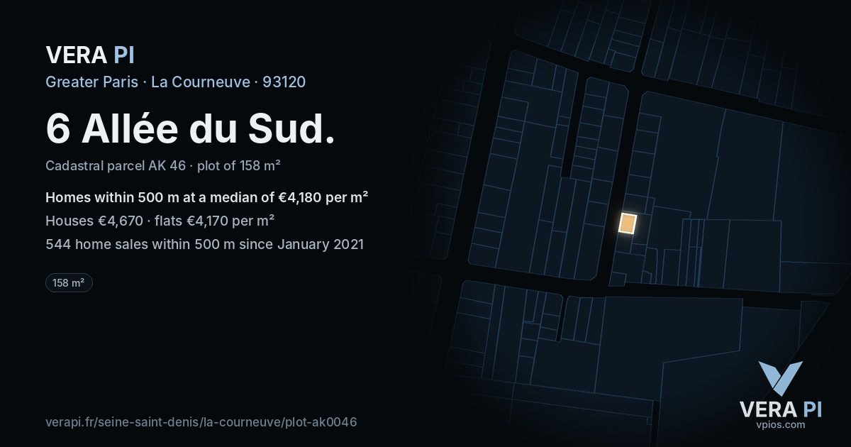 6 Allée du Sud, La Courneuve at night – the plot lit, the parcels around coloured by the prices near them