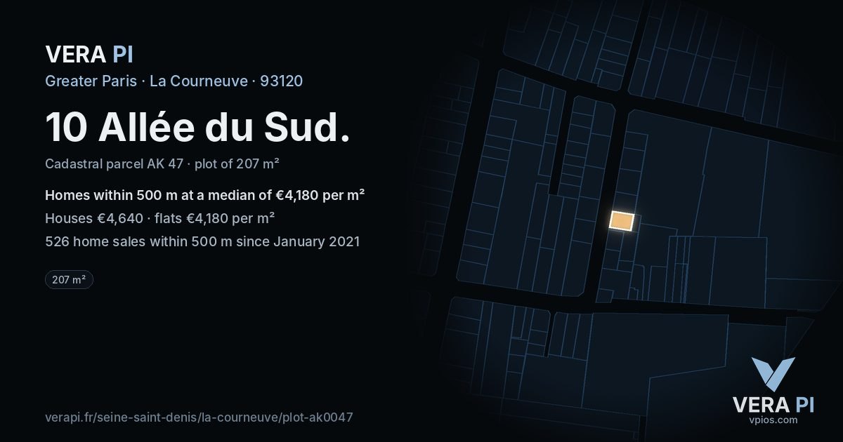10 Allée du Sud, La Courneuve at night – the plot lit, the parcels around coloured by the prices near them