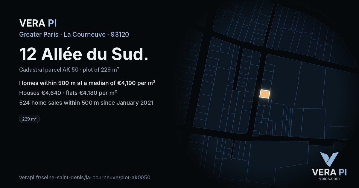 12 Allée du Sud, La Courneuve at night – the plot lit, the parcels around coloured by the prices near them