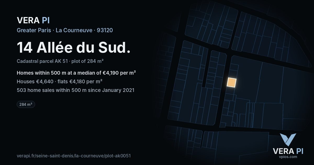 14 Allée du Sud, La Courneuve at night – the plot lit, the parcels around coloured by the prices near them