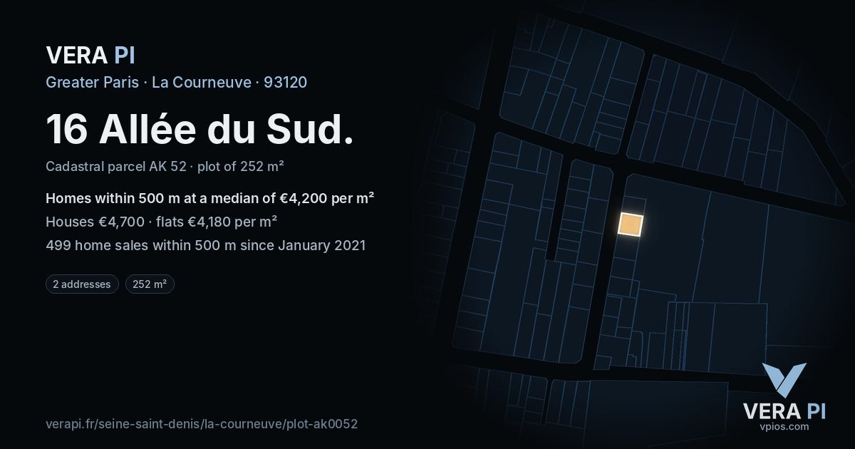 16 Allée du Sud, La Courneuve at night – the plot lit, the parcels around coloured by the prices near them