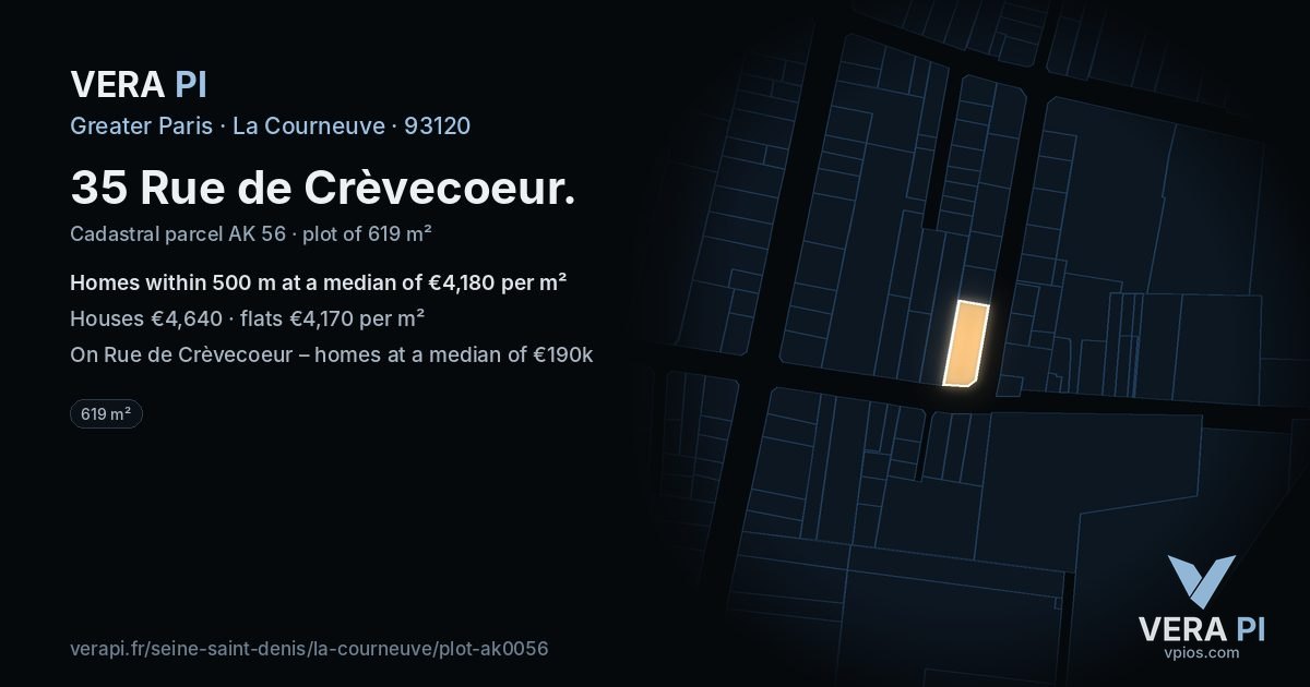 35 Rue de Crèvecoeur, La Courneuve at night – the plot lit, the parcels around coloured by the prices near them