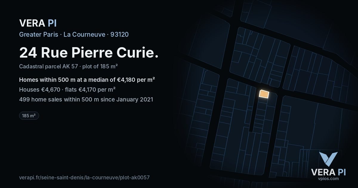 24 Rue Pierre Curie, La Courneuve at night – the plot lit, the parcels around coloured by the prices near them