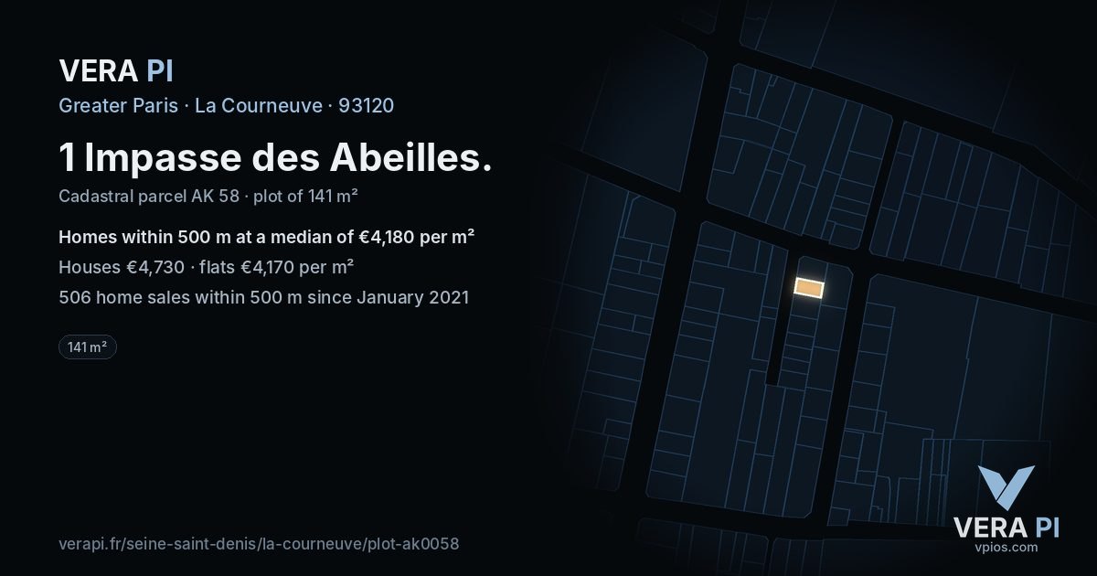 1 Impasse des Abeilles, La Courneuve at night – the plot lit, the parcels around coloured by the prices near them