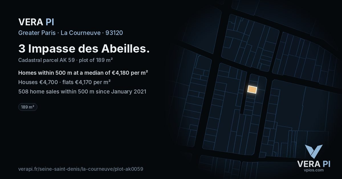 3 Impasse des Abeilles, La Courneuve at night – the plot lit, the parcels around coloured by the prices near them