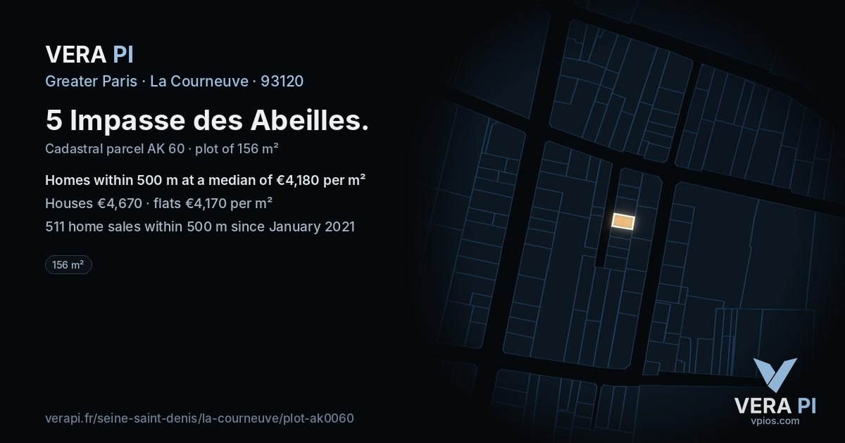 5 Impasse des Abeilles, La Courneuve at night – the plot lit, the parcels around coloured by the prices near them