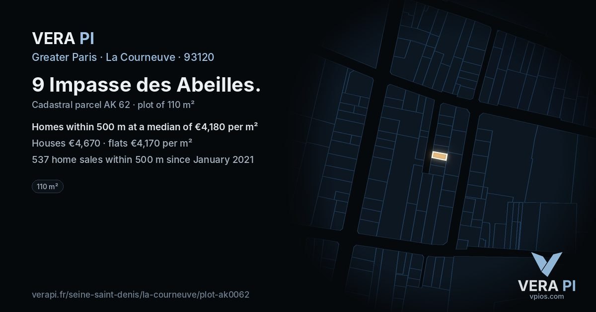9 Impasse des Abeilles, La Courneuve at night – the plot lit, the parcels around coloured by the prices near them