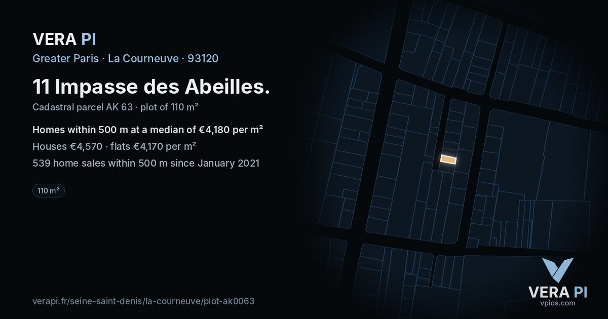 11 Impasse des Abeilles, La Courneuve at night – the plot lit, the parcels around coloured by the prices near them
