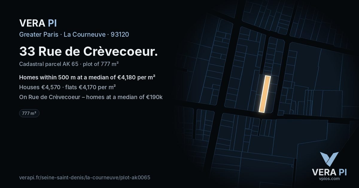 33 Rue de Crèvecoeur, La Courneuve at night – the plot lit, the parcels around coloured by the prices near them