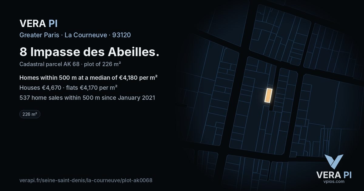 8 Impasse des Abeilles, La Courneuve at night – the plot lit, the parcels around coloured by the prices near them