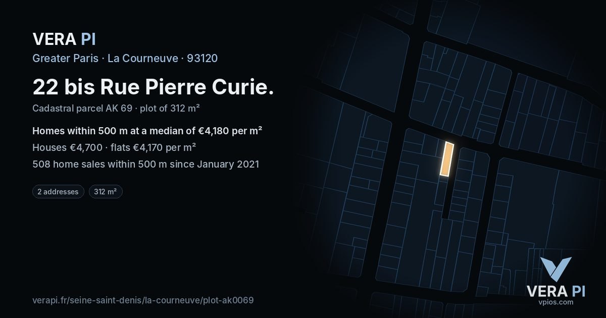 22 bis Rue Pierre Curie, La Courneuve at night – the plot lit, the parcels around coloured by the prices near them