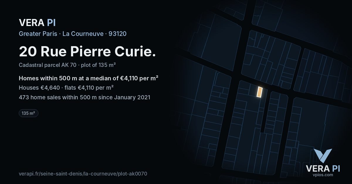 20 Rue Pierre Curie, La Courneuve at night – the plot lit, the parcels around coloured by the prices near them