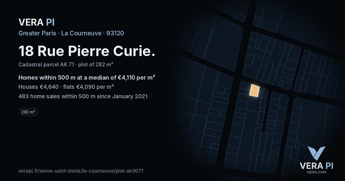 18 Rue Pierre Curie, La Courneuve at night – the plot lit, the parcels around coloured by the prices near them