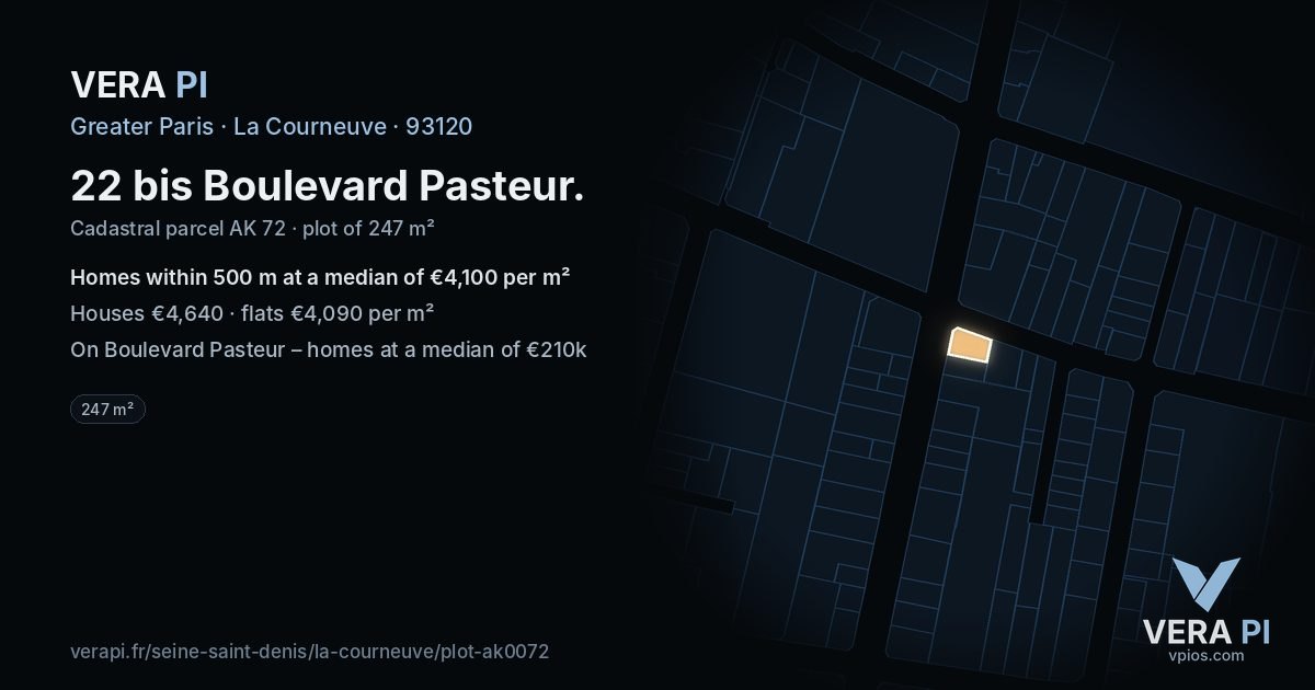 22 bis Boulevard Pasteur, La Courneuve at night – the plot lit, the parcels around coloured by the prices near them