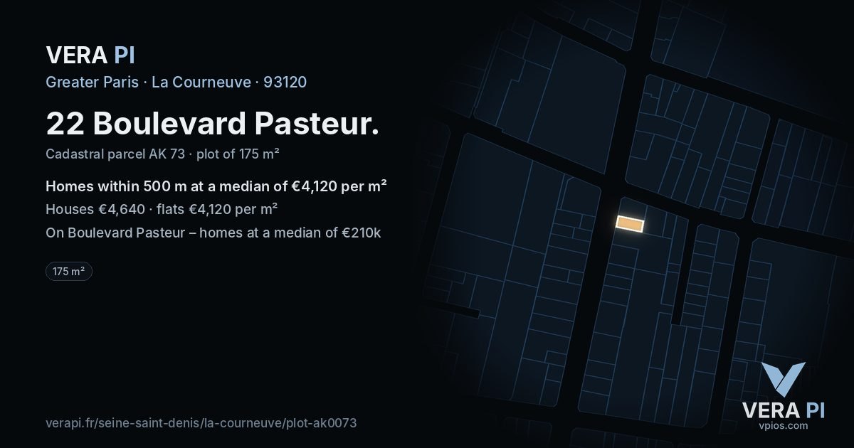 22 Boulevard Pasteur, La Courneuve at night – the plot lit, the parcels around coloured by the prices near them