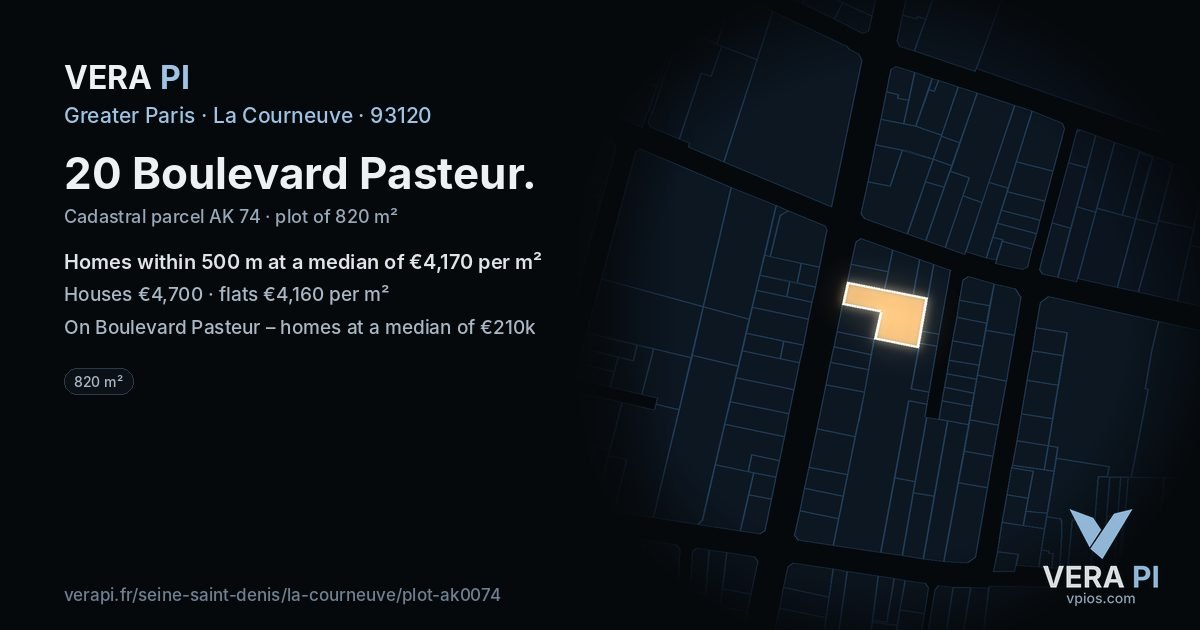 20 Boulevard Pasteur, La Courneuve at night – the plot lit, the parcels around coloured by the prices near them