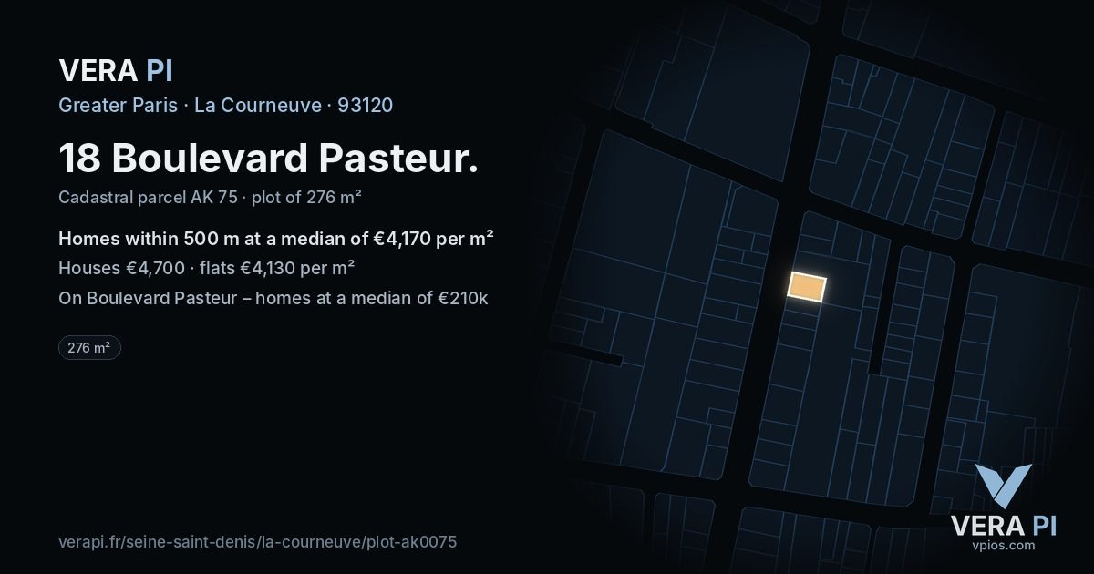 18 Boulevard Pasteur, La Courneuve at night – the plot lit, the parcels around coloured by the prices near them